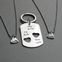 Load image into Gallery viewer, daddy-daughter keychain and necklace set with cut-out hearts for two daughters