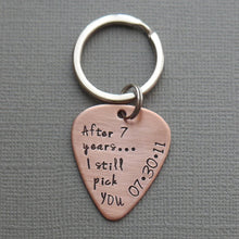 Load image into Gallery viewer, copper 7th anniversary guitar pick keychain