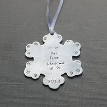 Load image into Gallery viewer, &quot;our first christmas&quot; snowflake-shaped christmas ornament with tiny hearts and year