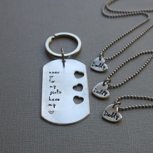 daddy-daughter keychain and necklace set with cut-out hearts for three daughters