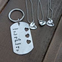 Load image into Gallery viewer, daddy-daughter keychain and necklace set with cut-out hearts for three daughters